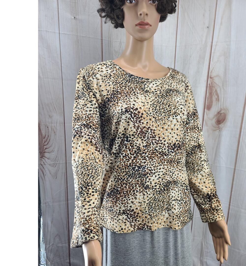 Charter Club Women XL 100% Cotton Animal Print Long Sleeve Top Beige/Brown